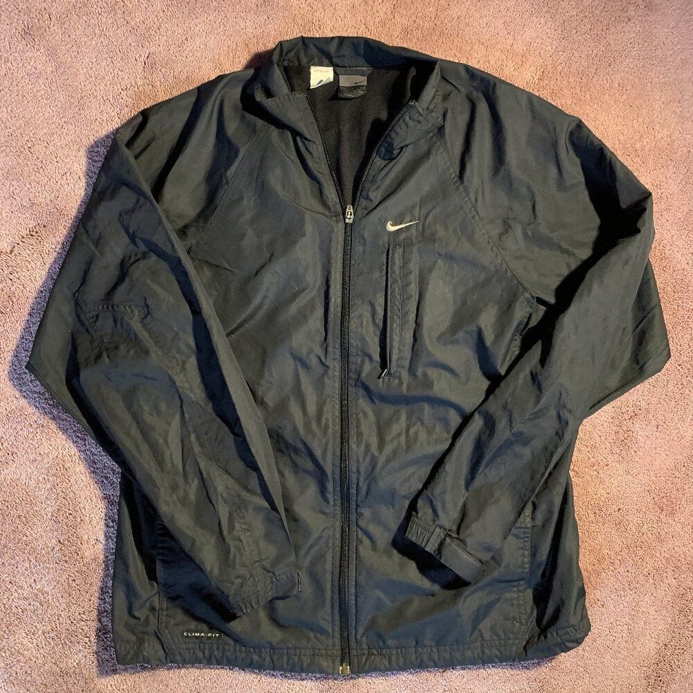 Nike Clima-Fit Windbreaker Jacket Mens Large Black Full Zip Mesh‎ Lined Swoosh